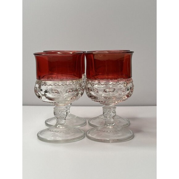 Set Of 4 Vintage Kings Crown Ruby Red Flash Thumbprint Water/Wine Goblets 4.25” - Picture 2 of 8